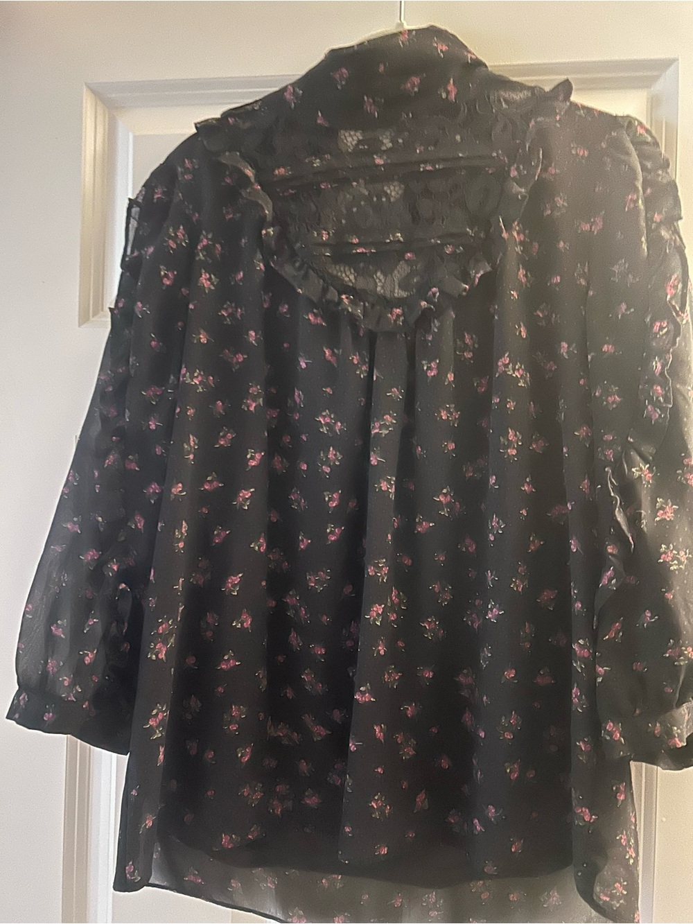 Kensie Black Sheer Blouse with Pink Floral Ruffles